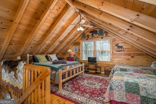 191 Mountain View Rd, Ellijay, GA 30540 - bedroom featuring lofted ceiling, wood finished floors, wood walls, and wood ceiling