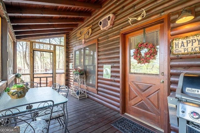 191 Mountain View Rd, Ellijay, GA 30540 - entrance to property with log siding, covered porch, and outdoor dining area
