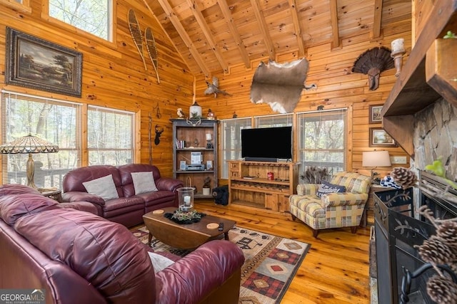 191 Mountain View Rd, Ellijay, GA 30540 - living area with wooden ceiling with exposed beams, hardwood / wood-style floors, wooden walls, and high vaulted ceiling