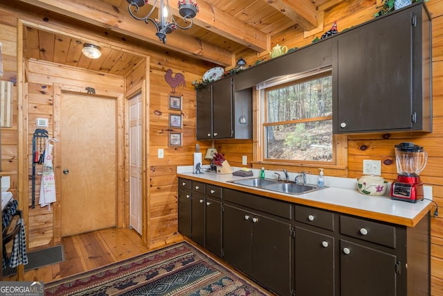 191 Mountain View Rd, Ellijay, GA 30540 - kitchen featuring a sink, wooden walls, light wood-style floors, wooden ceiling with exposed beams, and light countertops