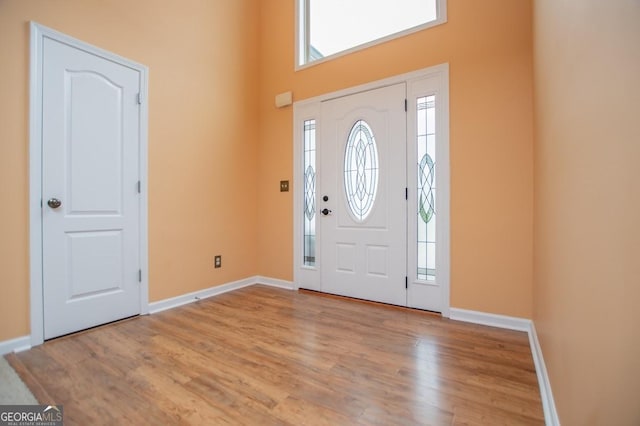 foyer with wood finished floors, a high ceiling, and baseboards