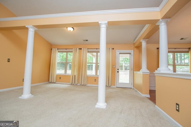 unfurnished living room featuring visible vents, carpet floors, and baseboards