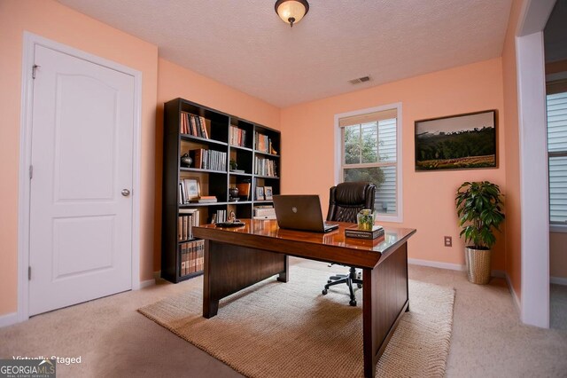 home office featuring light colored carpet, visible vents, a textured ceiling, and baseboards