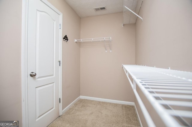 spacious closet featuring visible vents and light colored carpet