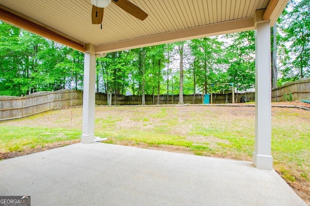 view of patio / terrace with ceiling fan and a fenced backyard