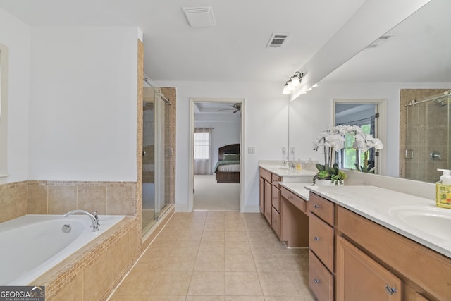 8275 Majors Ridge Way, Cumming, GA 30041 - ensuite bathroom with a shower stall, double vanity, a bath, tile patterned flooring, and a ceiling fan