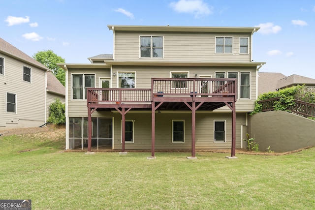 8275 Majors Ridge Way, Cumming, GA 30041 - rear view of property with a wooden deck, a yard, and a sunroom