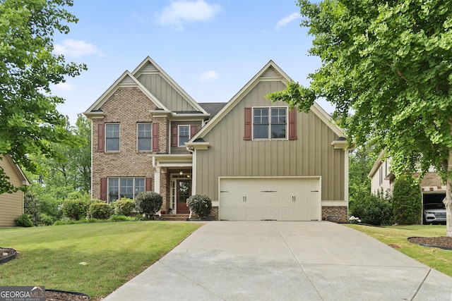8275 Majors Ridge Way, Cumming, GA 30041 - craftsman-style house featuring board and batten siding, concrete driveway, a front yard, an attached garage, and brick siding