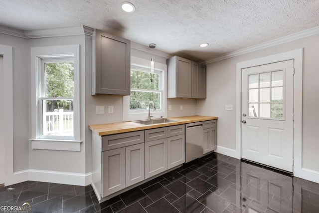 155 Hunters Pointe Dr, Athens, GA 30606 - kitchen featuring a sink, baseboards, stainless steel dishwasher, wooden counters, and gray cabinetry