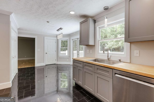 155 Hunters Pointe Dr, Athens, GA 30606 - kitchen with gray cabinets, wood counters, dishwasher, and a sink