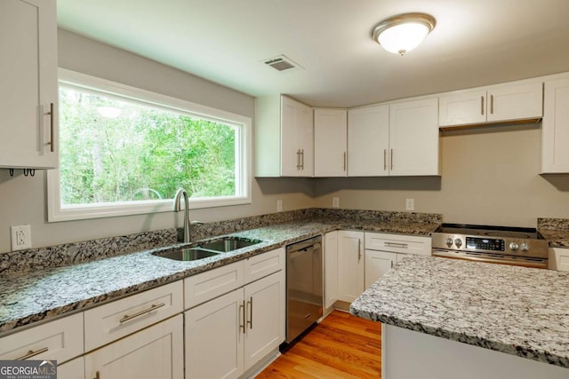 kitchen featuring visible vents, stainless steel appliances, white cabinetry, and a sink