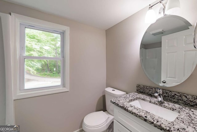 bathroom with visible vents, toilet, and vanity