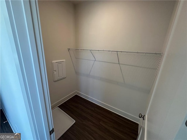 walk in closet featuring dark wood finished floors