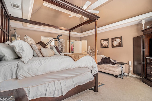 bedroom featuring carpet, visible vents, a ceiling fan, and baseboards