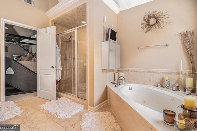 full bath with a tub with jets, tile patterned flooring, visible vents, and a shower stall
