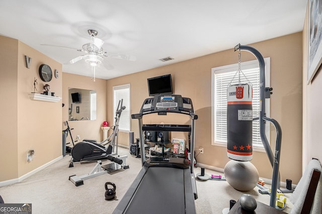 exercise area with carpet, visible vents, ceiling fan, and baseboards