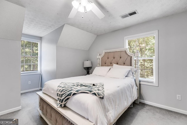 112 Hightower Rd, Hiram, GA 30141 - carpeted bedroom featuring a textured ceiling, visible vents, vaulted ceiling, and baseboards