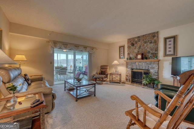 3131 Allison Ct Unit 3A, Young Harris, GA 30582 - carpeted living room with a textured ceiling and a stone fireplace