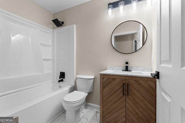 full bath featuring vanity, shower / bathtub combination, toilet, marble finish floor, and baseboards