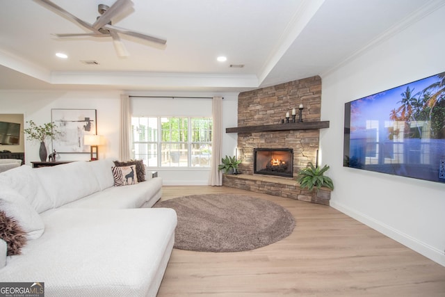 living room with ornamental molding, a raised ceiling, wood finished floors, and a fireplace