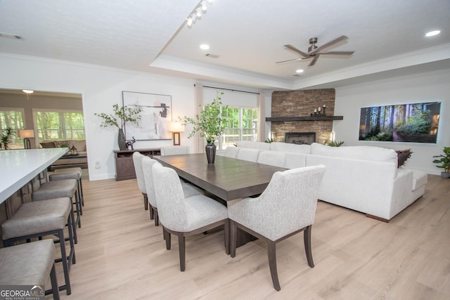 dining space featuring ornamental molding, a healthy amount of sunlight, a ceiling fan, and a tray ceiling