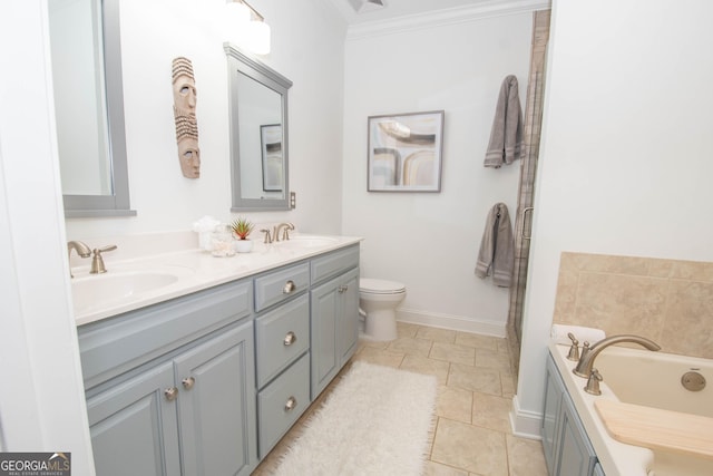 full bath with a bath, double vanity, crown molding, and a sink