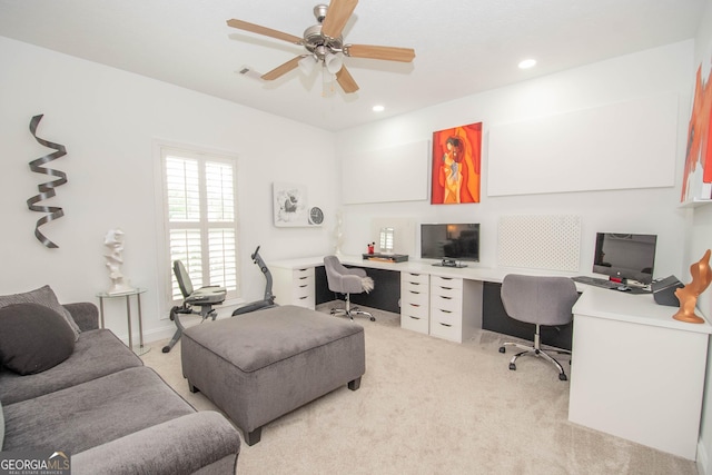 office area with visible vents, ceiling fan, light colored carpet, and recessed lighting