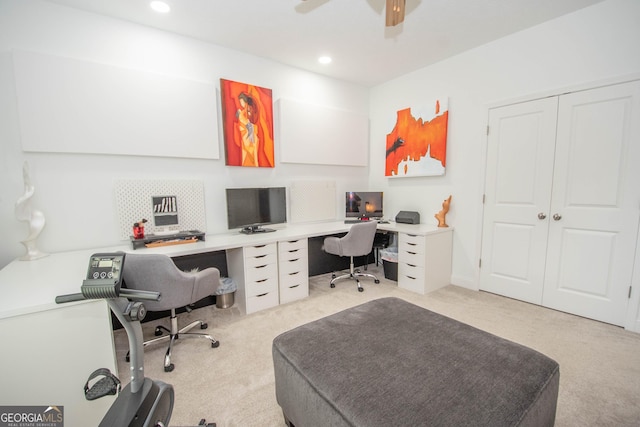 office with recessed lighting, carpet flooring, and ceiling fan