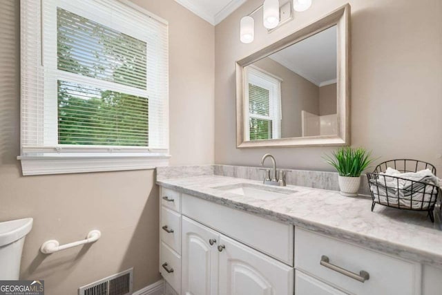 bathroom with visible vents, ornamental molding, and vanity