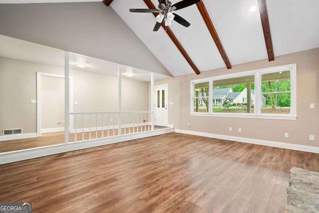 unfurnished living room with beamed ceiling, visible vents, ceiling fan, wood finished floors, and high vaulted ceiling