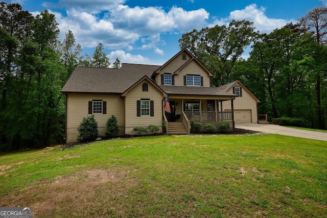 traditional-style house with covered porch, roof with shingles, driveway, and a front yard