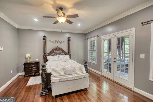 bedroom featuring access to outside, dark wood finished floors, french doors, baseboards, and ornamental molding