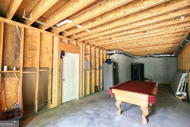 recreation room featuring billiards and unfinished concrete flooring