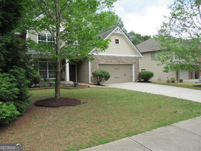 view of front facade featuring a garage, driveway, a front lawn, and stone siding