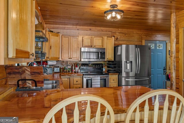 361 Meadow Ln, Talking Rock, GA 30175 - kitchen with a sink, decorative backsplash, light brown cabinetry, wood ceiling, and appliances with stainless steel finishes