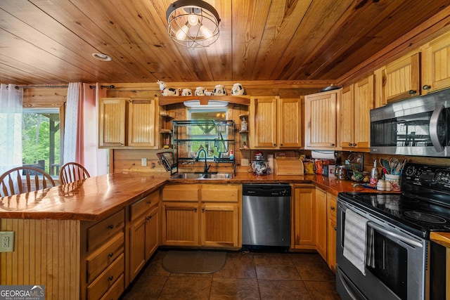361 Meadow Ln, Talking Rock, GA 30175 - kitchen featuring wood counters, wood ceiling, appliances with stainless steel finishes, and a sink
