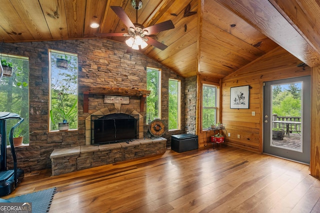 361 Meadow Ln, Talking Rock, GA 30175 - living area with hardwood / wood-style flooring, a stone fireplace, lofted ceiling, and wood ceiling
