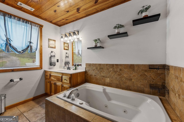 361 Meadow Ln, Talking Rock, GA 30175 - full bath with tile patterned flooring, a whirlpool tub, wood ceiling, vanity, and visible vents