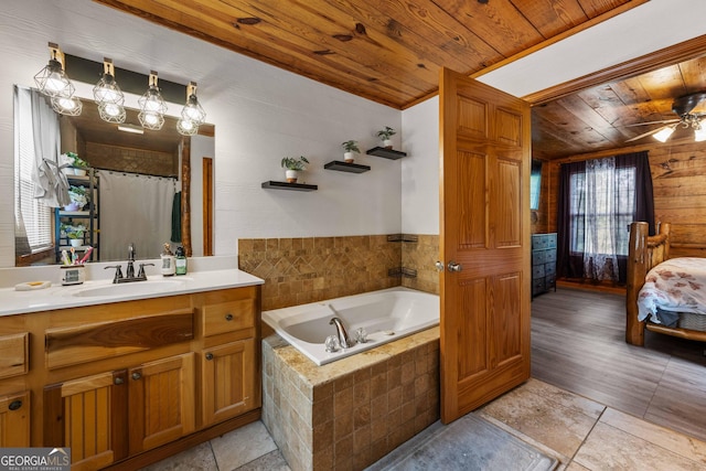 361 Meadow Ln, Talking Rock, GA 30175 - full bathroom featuring wooden ceiling, vanity, wooden walls, a ceiling fan, and a garden tub