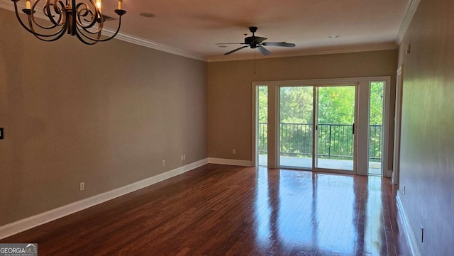 350 Wood Lake Dr Unit 13, Athens, GA 30606 - unfurnished room featuring ornamental molding, ceiling fan with notable chandelier, baseboards, and dark wood finished floors
