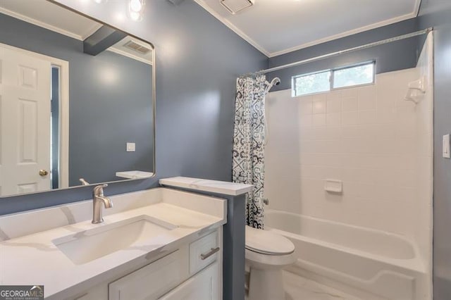 full bathroom with crown molding, visible vents, vanity, shower / bath combination with curtain, and toilet