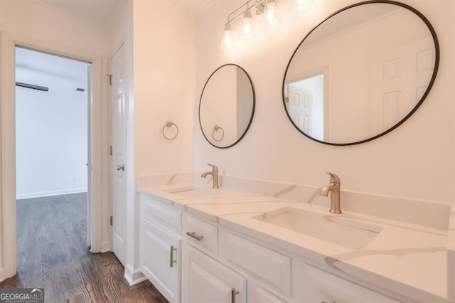 bathroom with double vanity, a sink, and wood finished floors