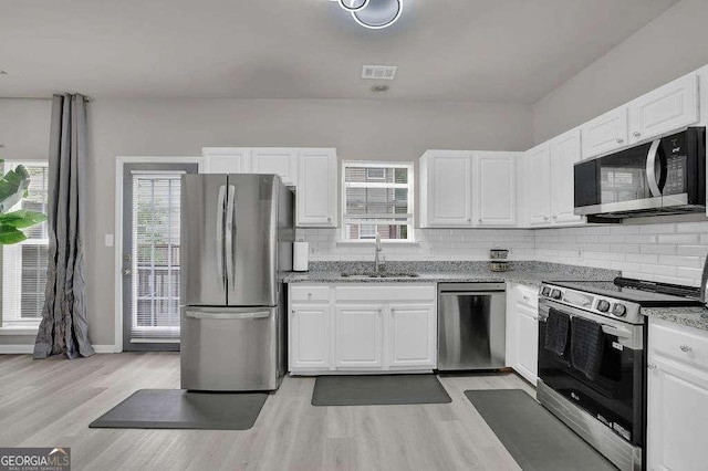 kitchen featuring white cabinetry, decorative backsplash, a sink, appliances with stainless steel finishes, and visible vents