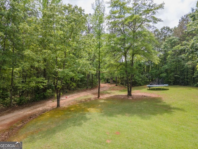 view of yard featuring a trampoline and a wooded view