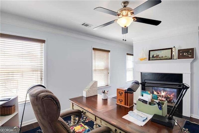 233 Hampton Station Blvd, Canton, GA 30115 - office space featuring crown molding, ceiling fan, a glass covered fireplace, baseboards, and visible vents