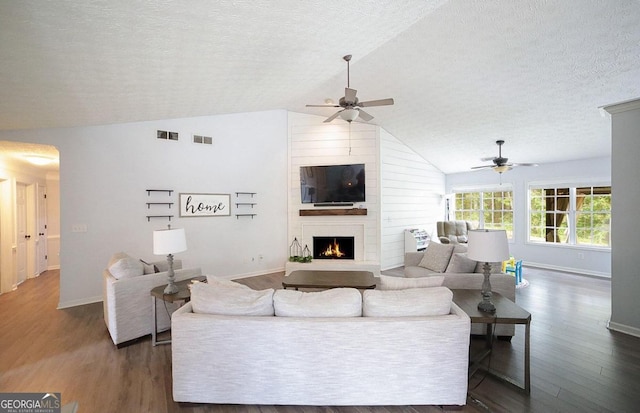 95 Blue Grass Ct, Oxford, GA 30054 - living room featuring lofted ceiling, a textured ceiling, and a ceiling fan