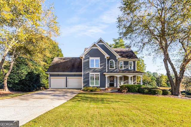 view of front of property with concrete driveway, a chimney, a porch, a front lawn, and a garage