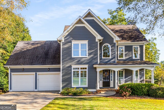 traditional-style house with a chimney, covered porch, driveway, a front lawn, and an attached garage