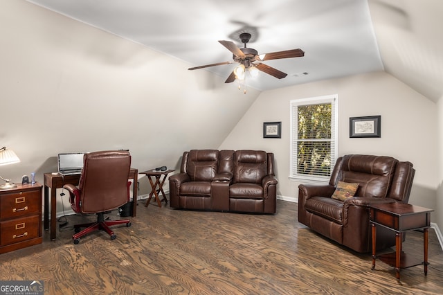 office with baseboards, visible vents, a ceiling fan, and lofted ceiling