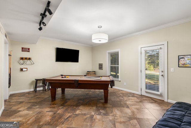 playroom with ornamental molding, rail lighting, and pool table